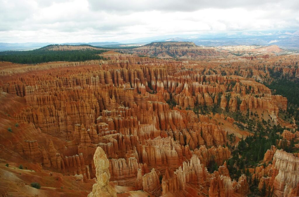 Breathtaking view of hoodoos at Bryce Canyon National Park under a cloudy sky, showcasing erosion and natural beauty.