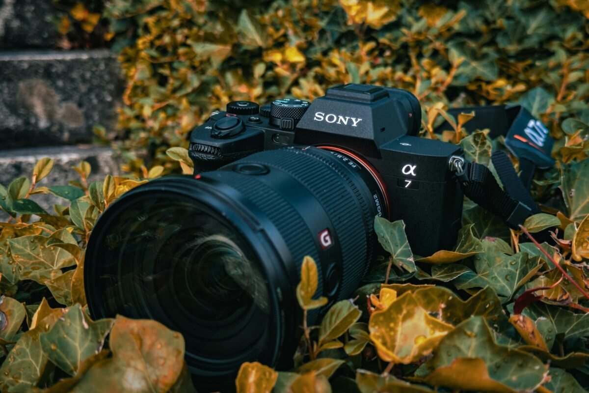 Close-up of a Sony Alpha camera surrounded by vibrant autumn leaves, highlighting its design.