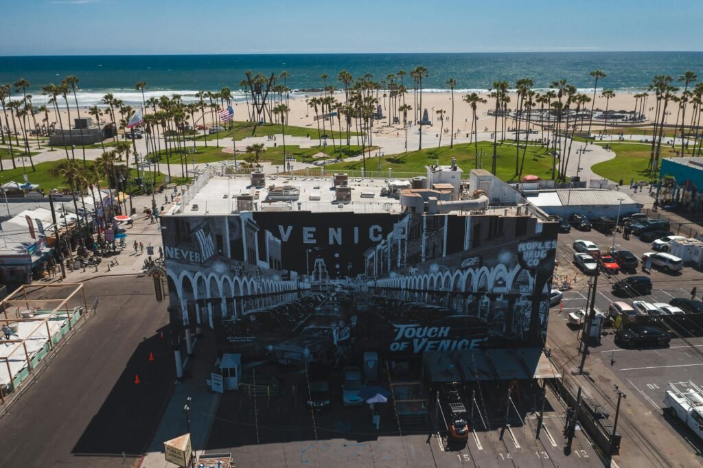 pexels-photo-8783174-8783174 Scenic aerial shot of Venice Beach, showcasing mural art, palms, and ocean horizon.