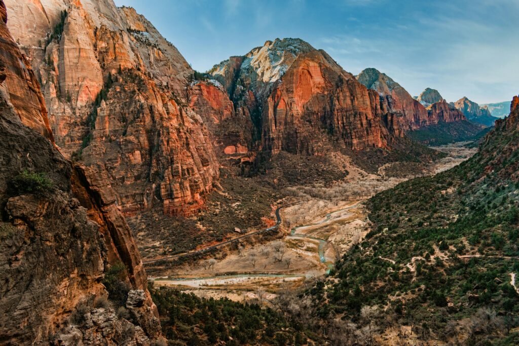 Majestic canyon landscape at Zion National Park showcasing stunning geological formations.