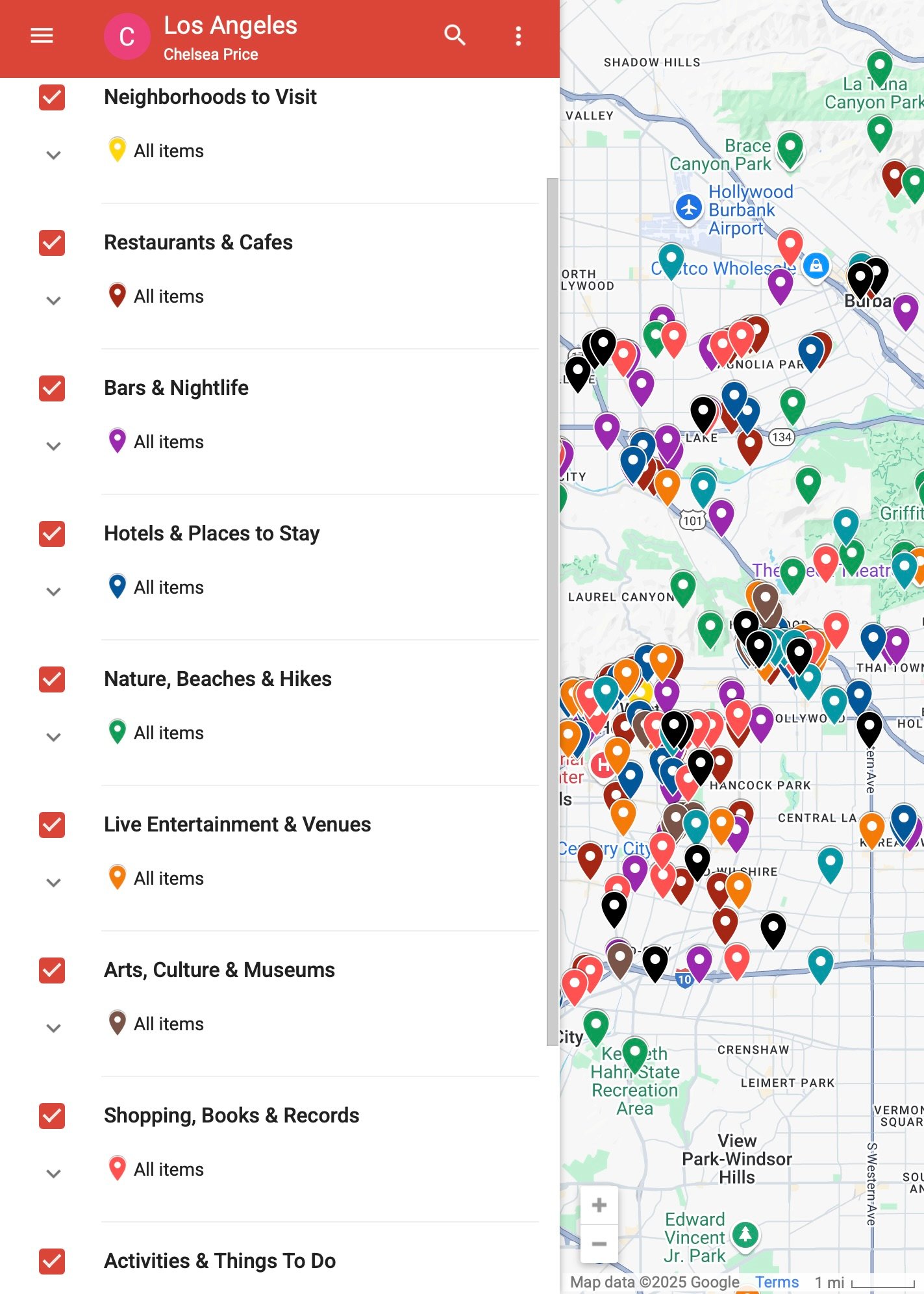 A preview of the interactive google map that comes with the ultimate guidebook to Los Angeles digital download